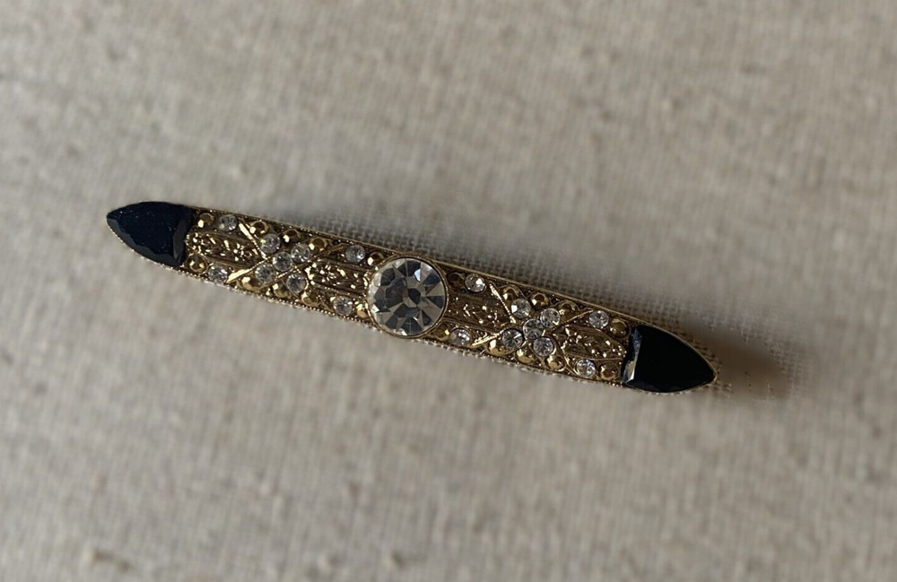 VINTAGE Art Deco Gold-tone Cubic Zirconia Center ONYX Bar Brooch Pin J308