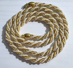Vintage Crown Trifari Gold Tone White Seed Bead Rope Necklace 29 in