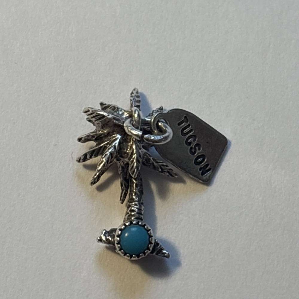 Vintage Sterling Silver Tucson Palm Tree Turquoise Charm Souvenir 21mm 2.42g