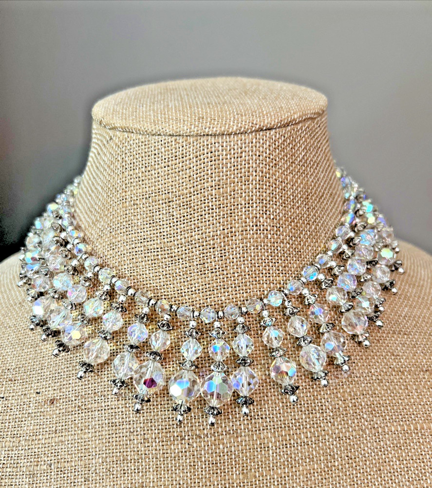 VINTAGE 1960’s AURORA BOREALIS CRYSTAL BIB COLLAR NECKLACE MCM STATEMENT PIECE