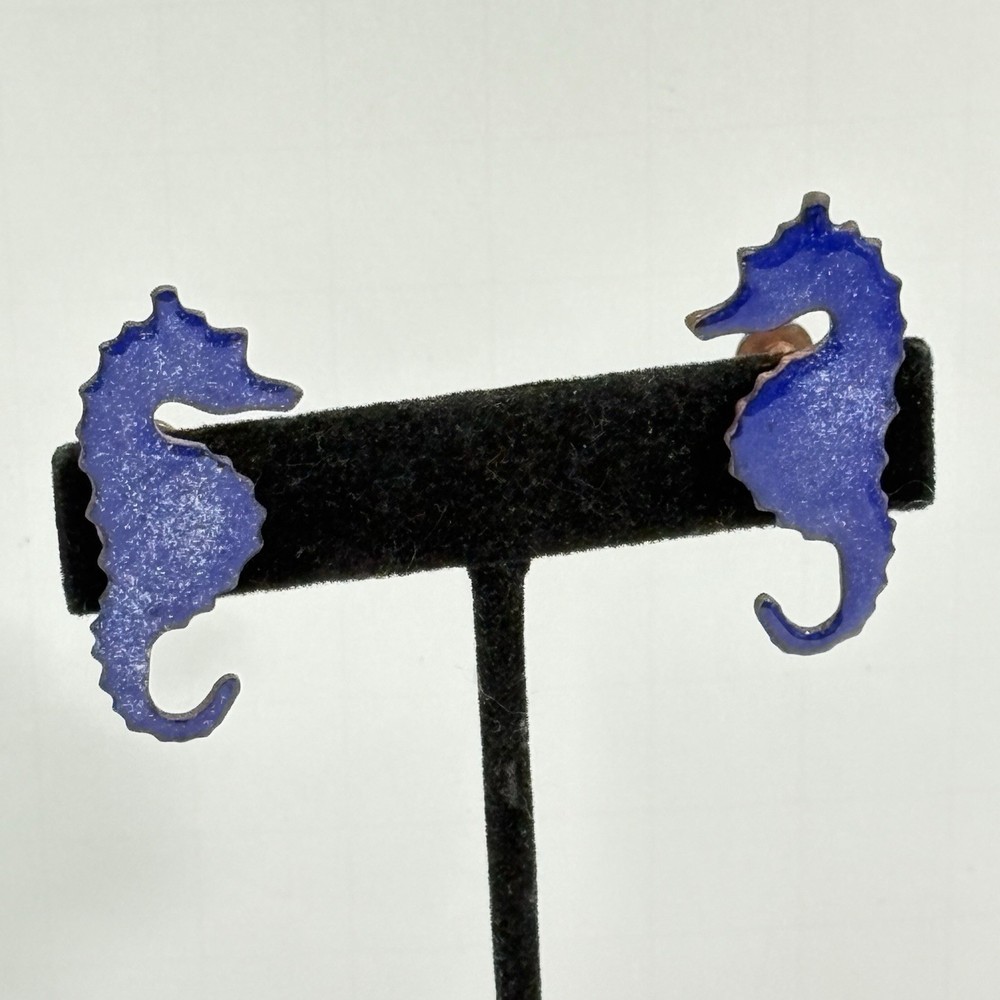 Copper Enamel Seahorse Earrings Vintage Artisan Blue Screw Back 1.5″