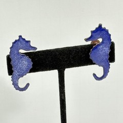 Copper Enamel Seahorse Earrings Vintage Artisan Blue Screw Back 1.5″