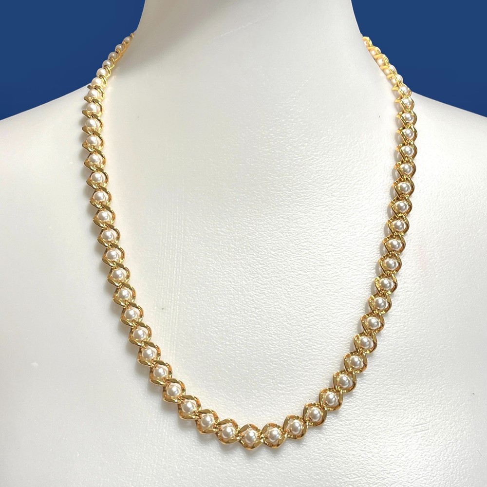 Vintage Napier Necklace Gold Tone Chain Imitation Pearl Intwined Classic 24″