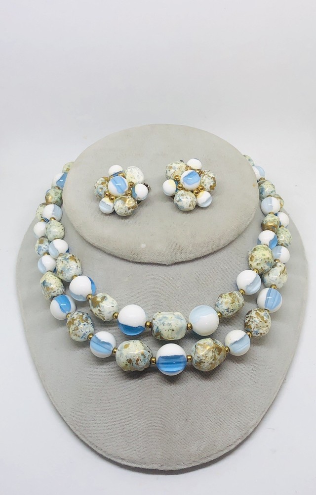 VTG 2-STRAND PASTEL BLUE/WHITE/GOLD NECKLACE-EARRING SET-W/EXTENDER-CLIP-ONS