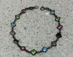 VTG ITALIAN STERLING SILVER BRACELET BEZEL SET MULTI COLOR GLASS STONES 7”