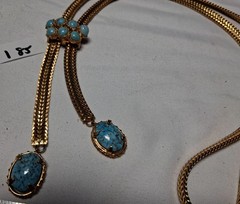 Vtg Unsigned Jomaz ? Lariat or Slider Necklace w Turquoise Blue Rhinestones 185