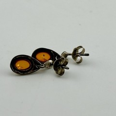 925 Sterling Silver Amber Color Cabochon Teardrop Dangle Post Earrings 90s VTG