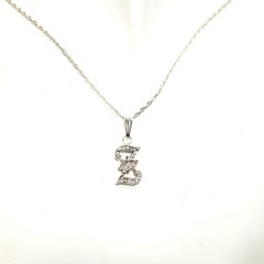 14K Solid White Gold Letter Z Initial Diamond Pendant Necklace, 11 Diamonds