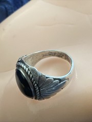 Vintage Navajo Sterling Silver Oval Cabochon Onyx Ring Size 11.25 Signed B