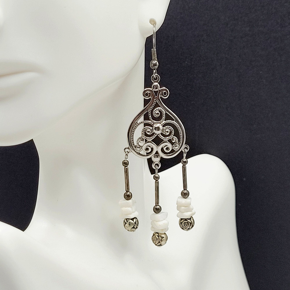 Southwestern Style Chandelier Silver Tone White Howlite Bead Pierced Earrings