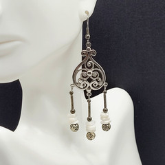 Southwestern Style Chandelier Silver Tone White Howlite Bead Pierced Earrings