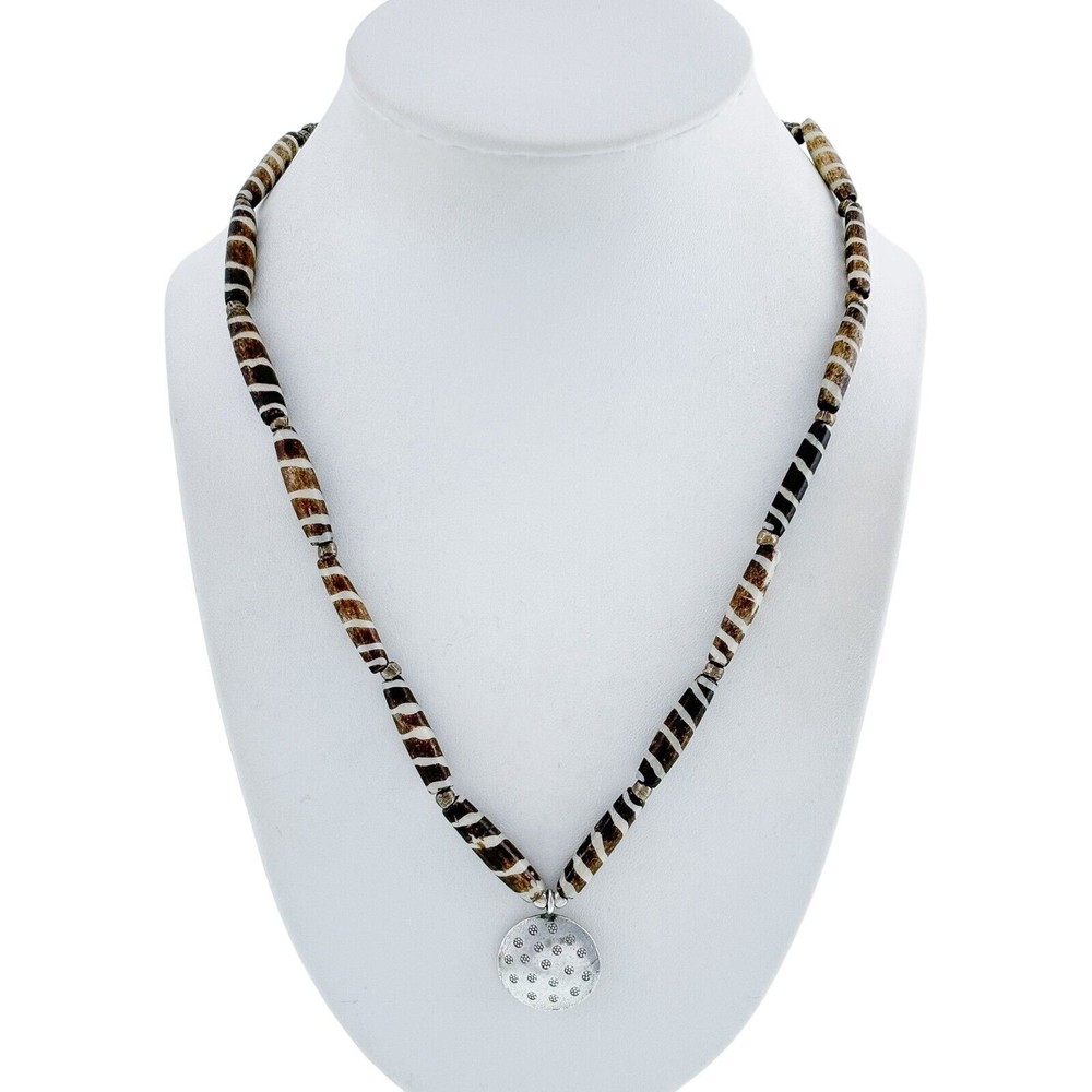 Vintage Sterling Silver African Batik Bone Beaded Necklace with Pendant 19.5″
