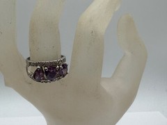 ESTATE STERLING SILVER PASTE AMETHYST THREE STONE RING PEAR HEART OVAL CZ SIZE 8