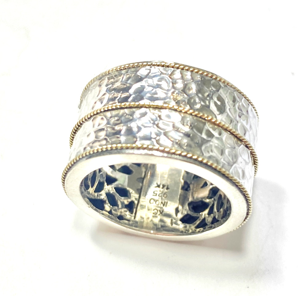 Vintage KC Indo Sterling Silver & 14k Gold Hammered Double Banded Ring Size 7