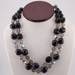 VTG Black Smoky Gray Crystal 2 Strand 20″ Filigree Clasp Silver Tone Necklace