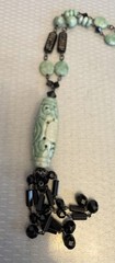 Sterling Silver Carved Jade Cylinder Deco Tassel Necklace Wired Black Glass Bead
