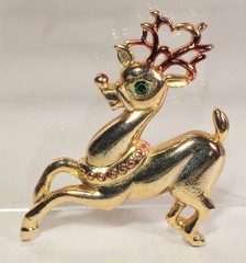 Vtg Signed MEESCO Brooch Rudolph Reindeer Rhinestone Enamel Christmas Gold Tone