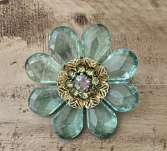 Vintage Mid Century Jumbo Lucite AB Blue Green Aqua Crystal Flower 3” Brooch