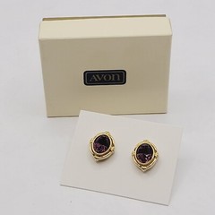 AVON Simulated Amethyst February Birthstone Gold Tone Pierced Earrings with Box