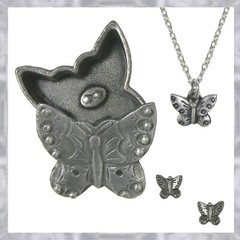 Butterfly Brooch Pin, Necklace, Earrings & Jewelry Box Set * Pewter * by Torino