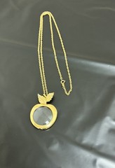 Vintage 70’s Loupe Magnifying Glass Apple Pendant Long Gold Tone Chain Necklace
