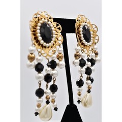 Jacklynn Vintage Beaded Fringe Clip On Earrings Black Crystal Pearl Gold BinBF