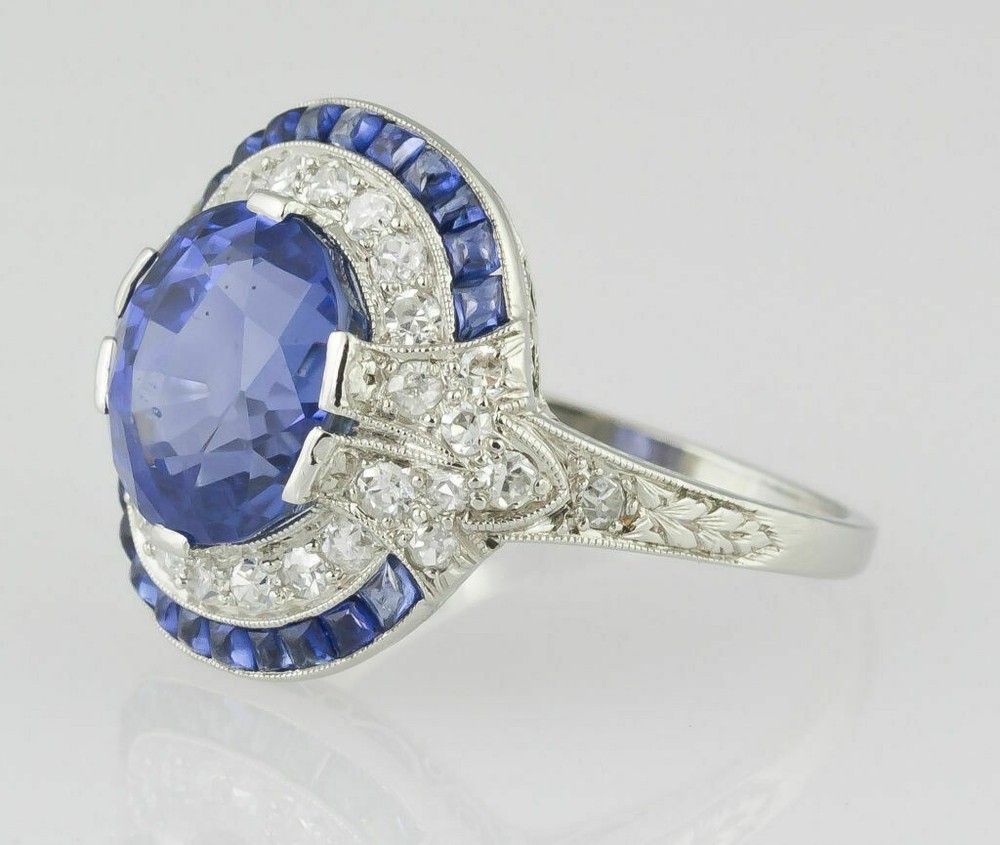 Art Deco Blue Sapphire & Lab Created Diamond 925 Sterling Silver Wedding Ring