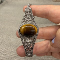 Vintage Bracelet Filigree Silver Tone Tiger Eye Center Stone Adjustable