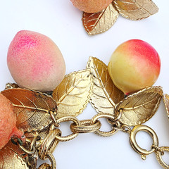 RARE! Napier Fruit Salad Charm Bracelet & Earrings, Peach, Nectarine, Pear Lemon