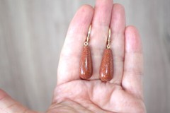 Handmade 14K Carved Large Sunstone Tear Drop Lever back Earrings