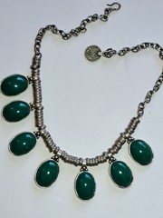 Vintage Old Pawn Necklace w 1″ Green Stones, Hand Made Coin Silver Settings 18″