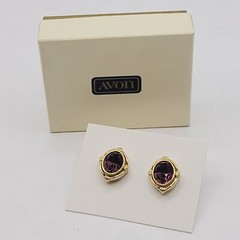 AVON Simulated Amethyst February Birthstone Gold Tone Pierced Earrings with Box