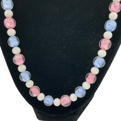 Vintage Art Glass Necklace 22” Pastel Pink Blue White Beads Barrel Clasp