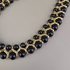 Vintage Beaded Necklace Black Gold Tone Collar Choker SHORT 14.5″