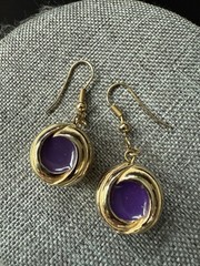 Vintage Enamel Round Hook Earrings Gold Tone Purple Pierced Career Workwear
