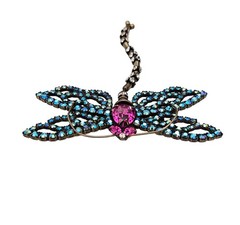 Bauer Dragonfly Brooch Pink, Blue AB Rhinestone Articulated Pin Signed, J595