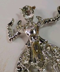 Thai Bali DANCER 2″ Exotic Figural Costume, Silver Tone Brooch, Clear Stones!