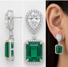 4CT Emerald Cut Real Green Emerald Drop Two-Stone Earring 14K Two-Tone Gold Over