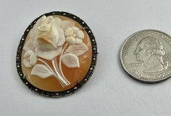 Vintage Carved Shell Rose Cameo Pin Brooch Pendant High Relief 800 Silver Frame