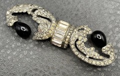 Vintage 1930’s Art Deco Black Faux Onyx Glass Rhinestone Brooch Pin READ