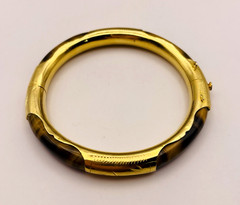 Vintage Asian Style Tiger’s Eye Gold Tone Hinged Bangle Bracelet