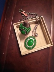 Green Oval Chabacon, Bead, & Rhinestone Statement Ring & Pendant On 22″ Goldtone