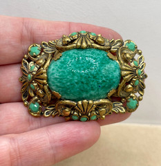 VTG W. Germany Ornate Peking Glass Filigree Shell motifs Brooch C-clasp Art Deco