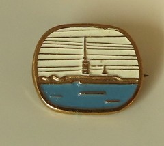 Antique pin, rare 15K gold & enamel, UK , Nelson Tower or Britannia?, signed E V