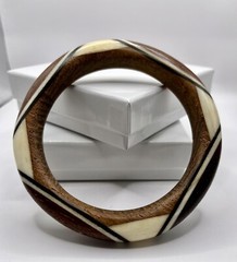 Modern Chic Geometric Bangle Bracelet, Wood, Horn, Bone Inlay Hand Crafted 8.25”