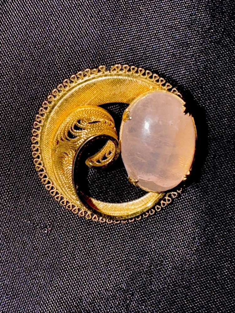 JJJ 12K GF Filigree Rose Quartz Brooch Vintage