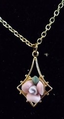 Porcelain Rose Pendant on 18 Inch Gold Tone Necklace
