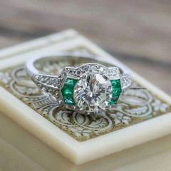 3Ct Art Deco Style Lab-Created Diamond & Emerald Wedding Ring 14K White Gold FN