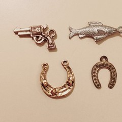 Vintage Silver Tone Charm Lot Yale Padlock Bible Gun Fish Horseshoe Jade Jewelry
