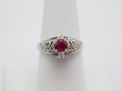 SWEET ANTIQUE 18K SOLID WHITE GOLD DIAMOND RUBY STONE RING